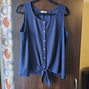 Navy Blue Sleeveless Top With Button Accent And Front Tie